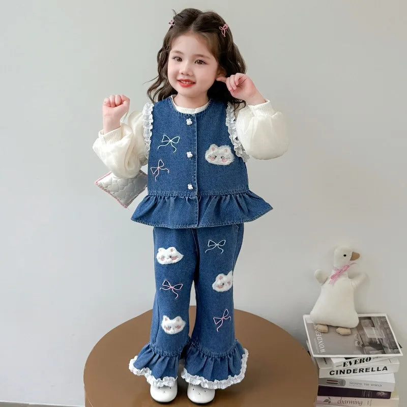 Ensemble 3 Pièces Denim et Dentelle pour Fille