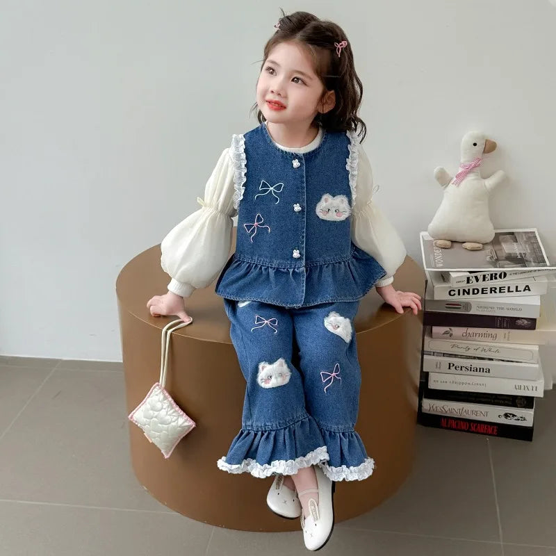 Ensemble 3 Pièces Denim et Dentelle pour Fille
