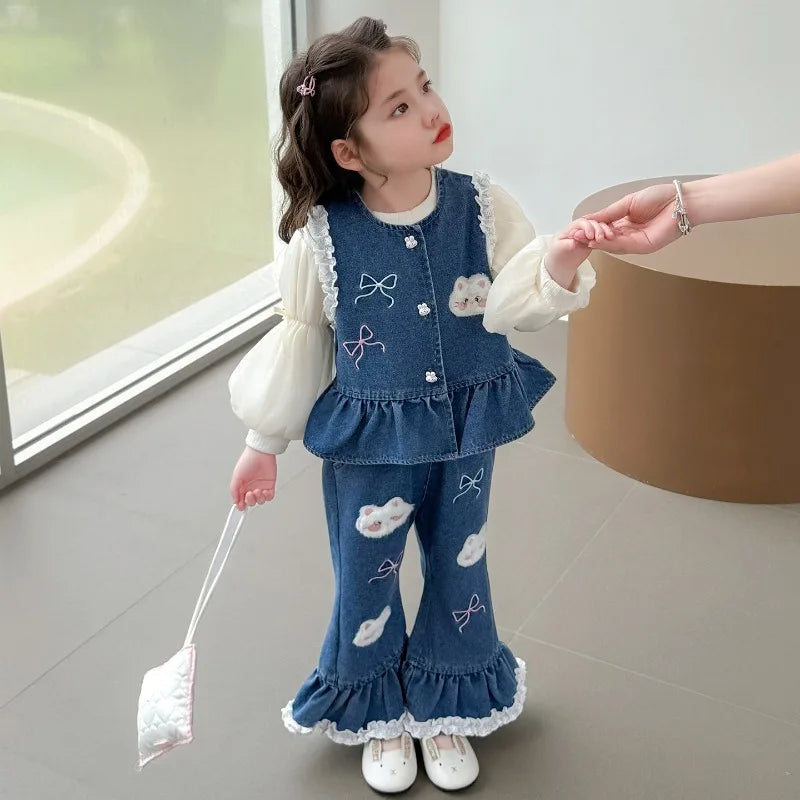 Ensemble 3 Pièces Denim et Dentelle pour Fille